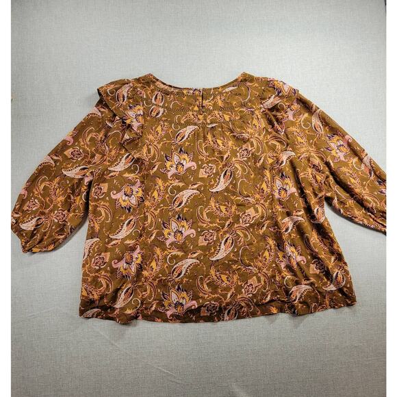 Terra & Sky Womens Blouse Size 4X Brown Paisley Print Ladder Trim Ruffle Peasant - Picture 3 of 11